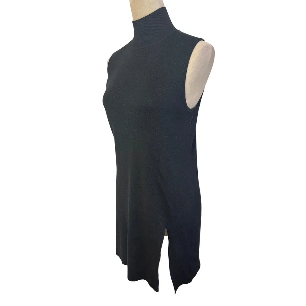 Cable and Gage Black Ribbed Mock Neck Sleeveless Side Slit Dress